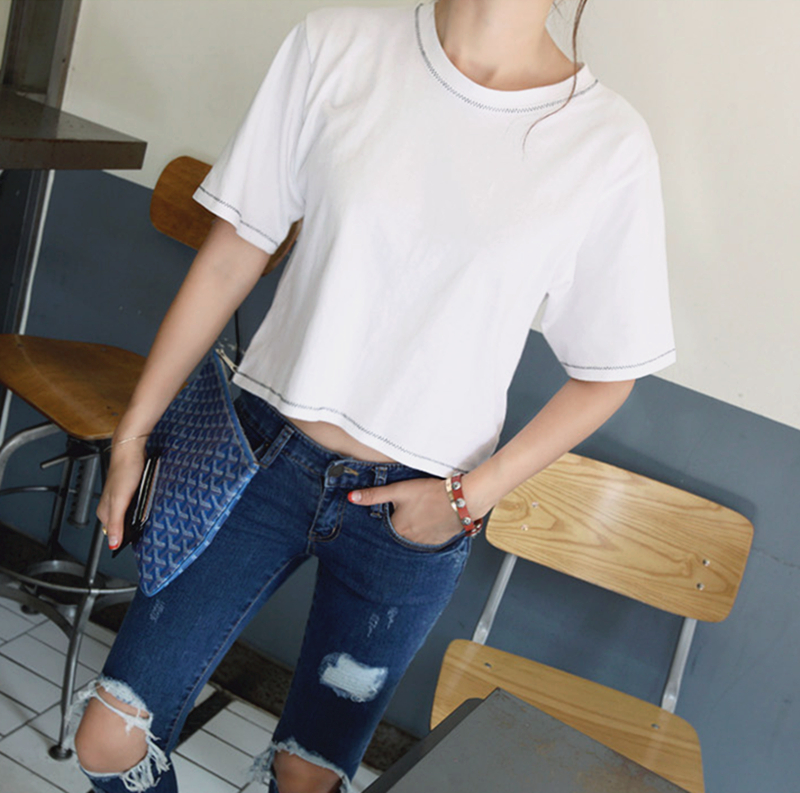韩版高腰短款上衣女夏季纯色棉质显瘦露脐T恤宽松短袖打底衫潮