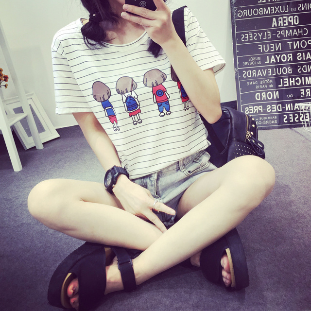 2016新款夏季韩版卡通印花条纹宽松短袖T恤女大版夏装学生上衣服