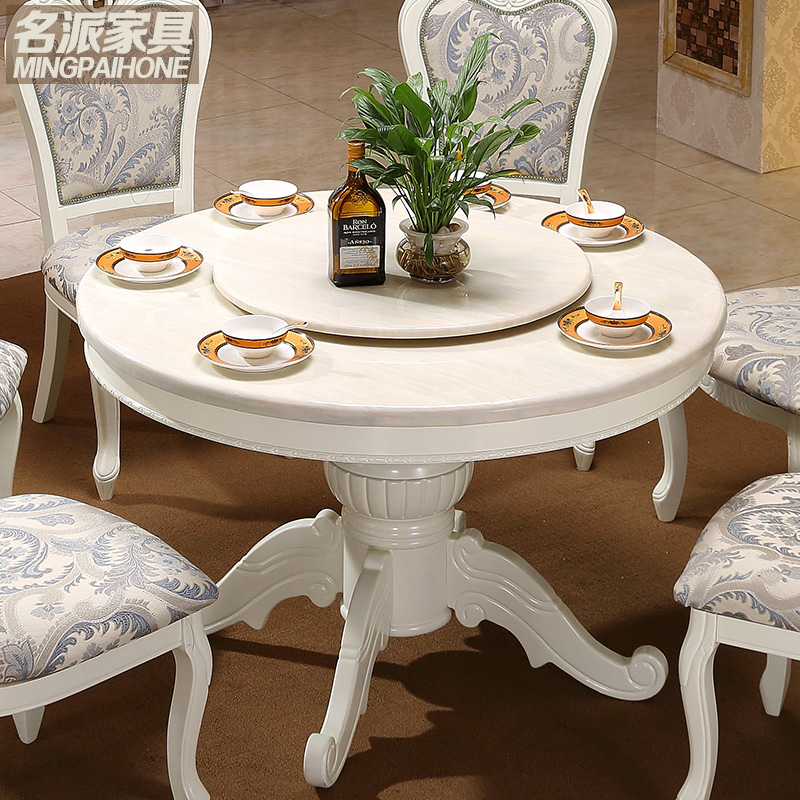 欧式大理石圆形餐桌 小户型象牙白饭桌餐台 实木圆桌洽谈桌椅组合