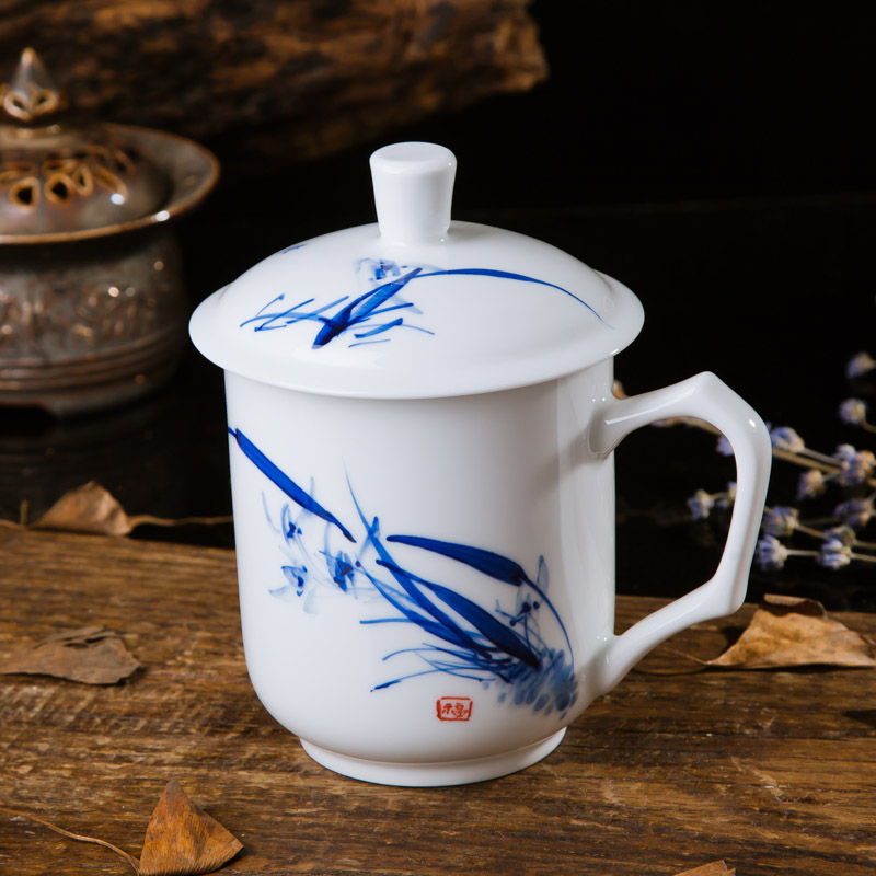 景德镇陶瓷手绘青花带盖茶杯子 办公杯水杯大号会议泡茶杯茶具杯