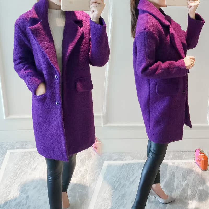 2015冬装新款韩版茧型中长款毛呢外套宽松大码紫色羊呢子大衣女装折扣优惠信息