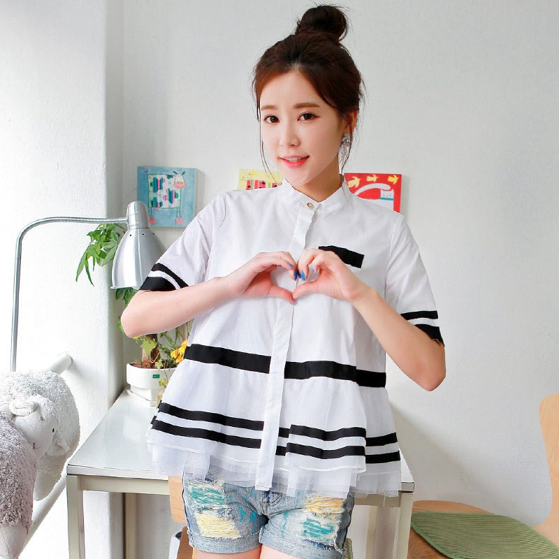 2015夏季新款女装白色衬衫立领短袖韩版学生蓬蓬摆娃娃衫条纹上衣折扣优惠信息