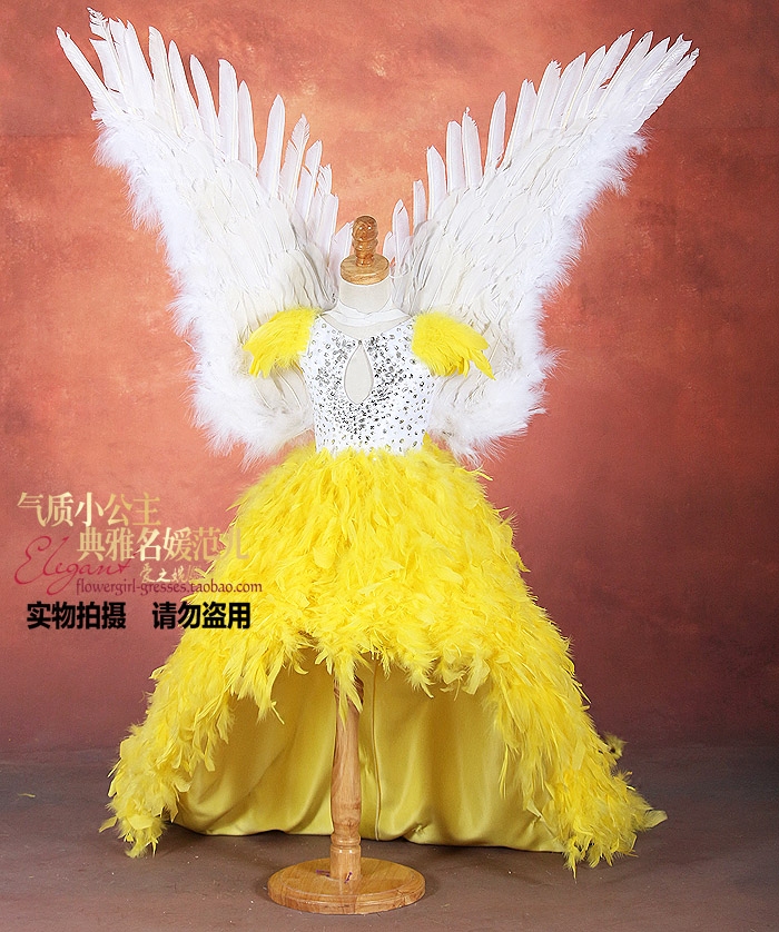 天使之翼羽毛礼服裙模特走秀满钻女童公主裙演出服圣诞表演礼服裙