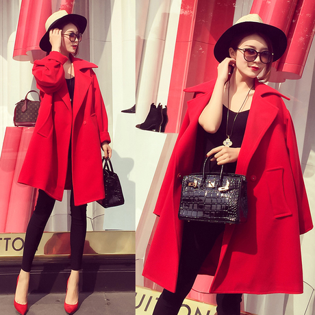 2015秋冬季女装韩版大红色风衣宽松呢子大衣妮子中长款毛呢外套女
