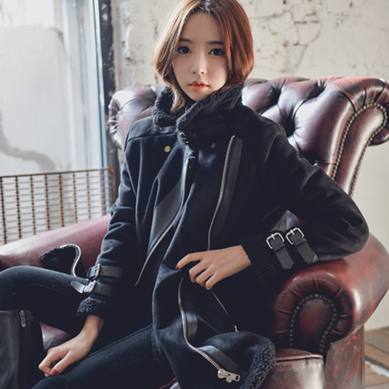韩国代购2016冬季鹿皮绒羊羔毛中长款外套女加厚高领机车棉服外套