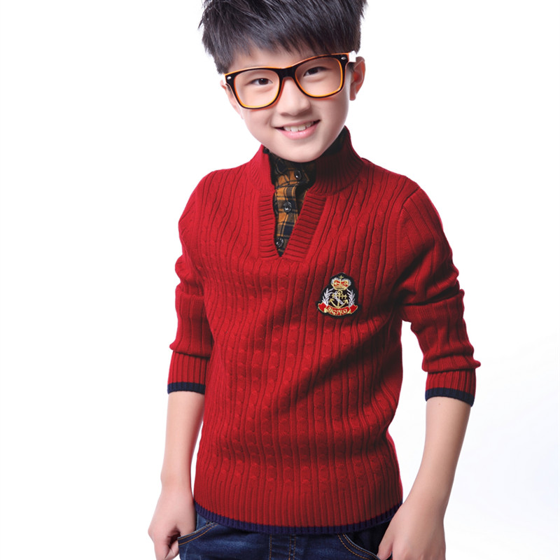 童装韩版2015新款男童立领毛衣针织衫套头大童线衣假两件羊毛衫潮