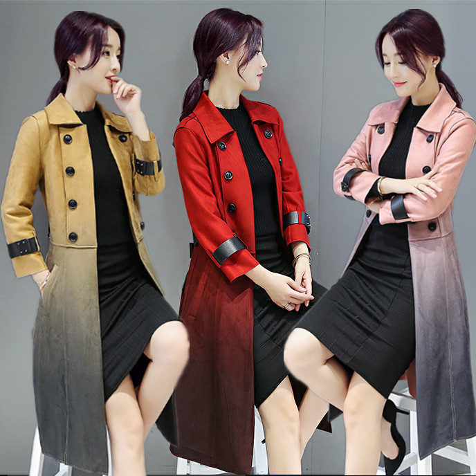 2016秋季新款女装韩版时尚女士长款渐变麂皮绒风衣双排扣女式外套