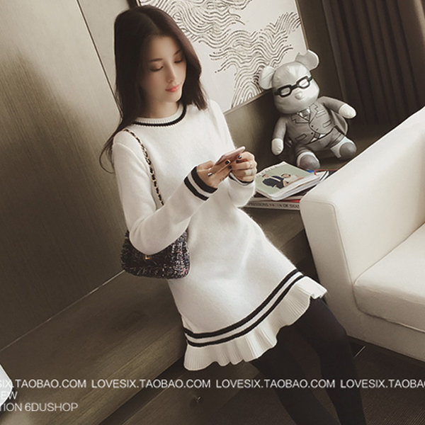 2016年初春韩国文艺气质圆领条纹纯羊毛中长款毛衣连衣裙