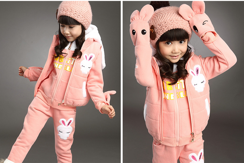 秋冬新款女童可爱卡通兔子加厚加绒棉衣三件套卫衣运动套装有手套