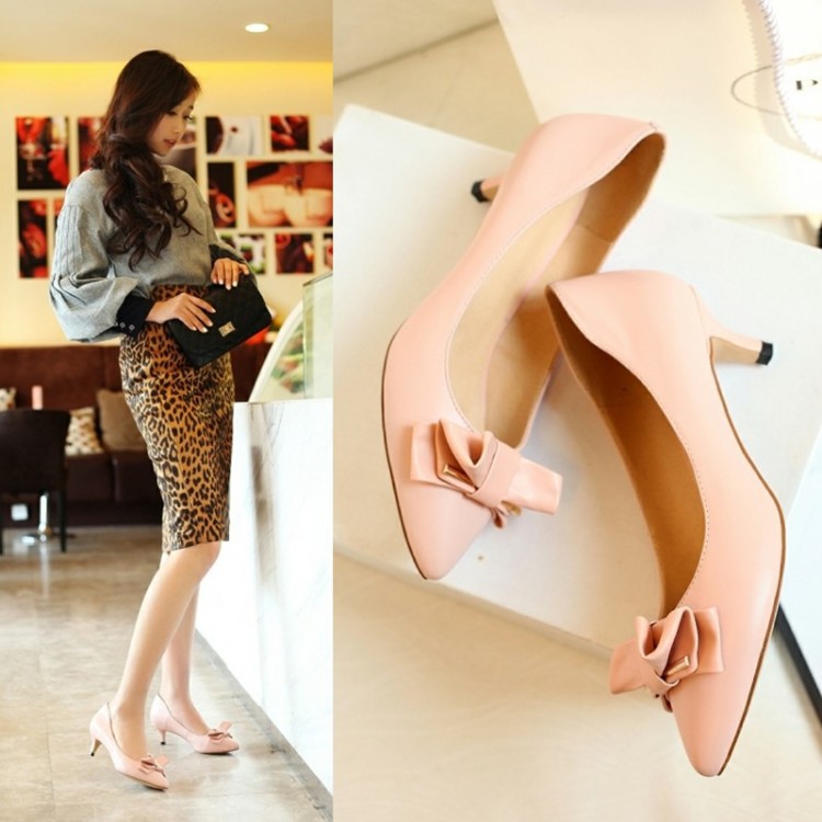 2015年韩版秋新款真皮高跟鞋 粉红色单鞋细跟尖头浅口女鞋潮包邮