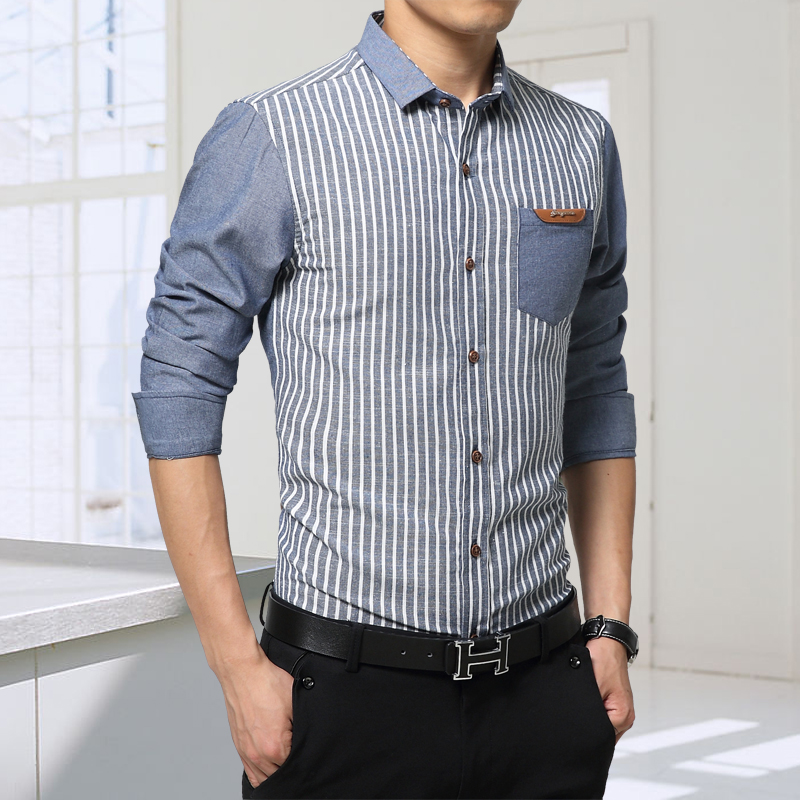 2015秋季男装衬衣潮男士寸衫韩版修身拼接条纹衬衫男长袖