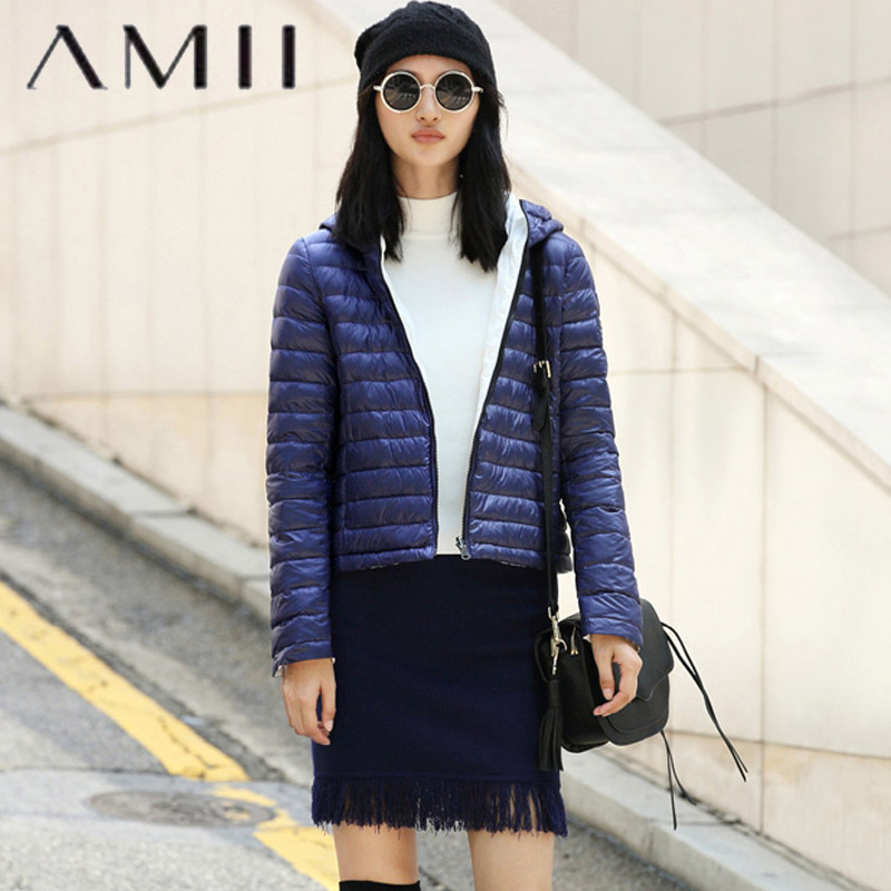 Amii极简品牌2016冬新品修身连帽两面穿纯色轻薄短款羽绒服女外套