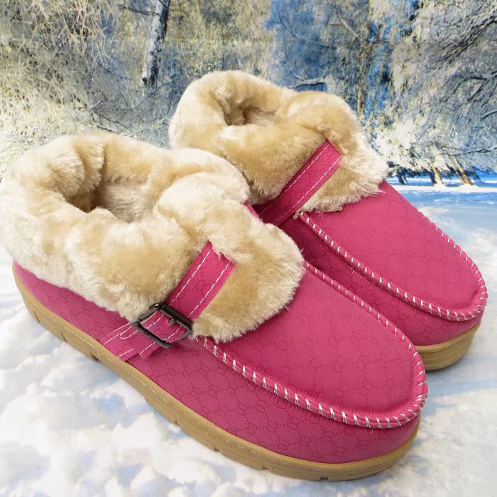 包邮冬季短靴女士雪地靴皮带扣保暖棉靴梅红色棉鞋一脚套冬季女鞋