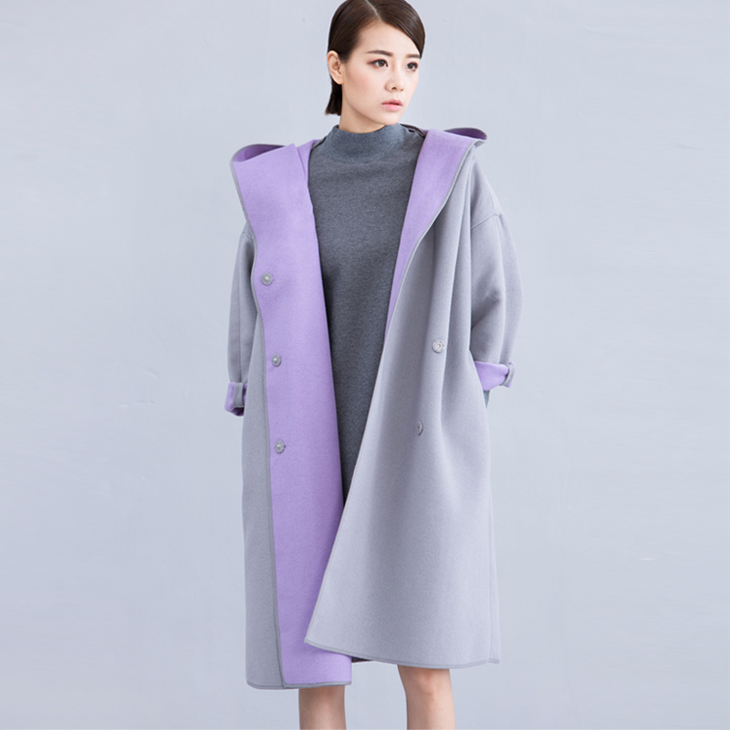 SHITI/诗媞 灰紫撞色双面羊毛呢 休闲风连帽长外套呢子大衣