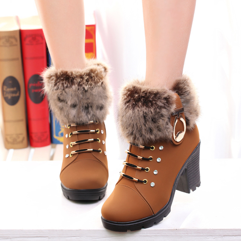 冬季新款韩版女靴防水台粗跟高跟圆头女鞋带毛毛加绒短靴