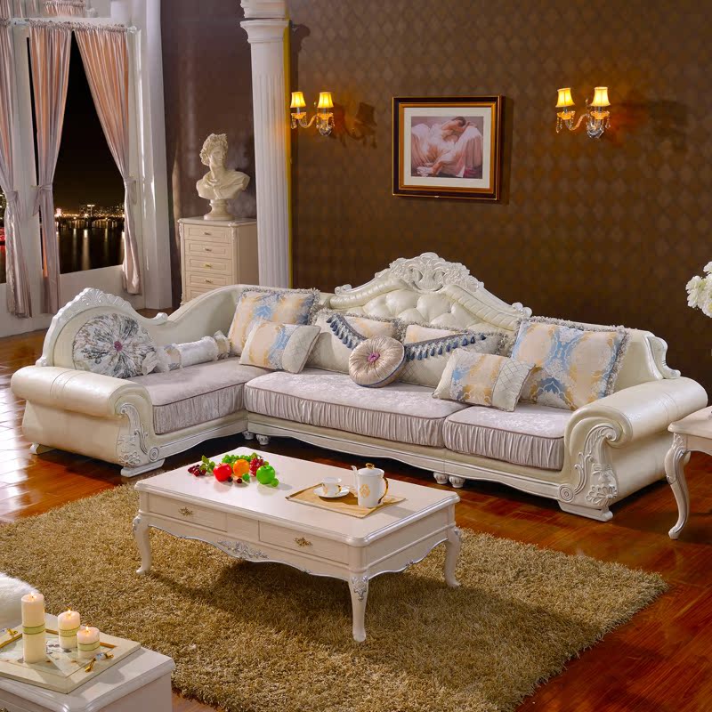 可拆洗欧式皮艺沙发 客厅组合转角皮布结合 简约新古典皮配布沙发