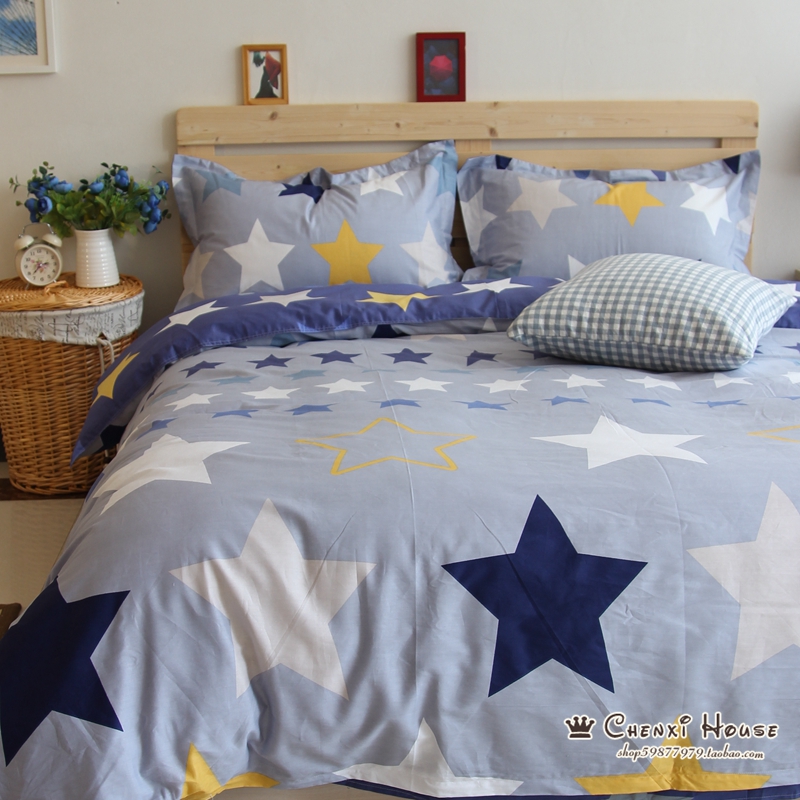 蓝色床单全棉床品四件套 纯棉床上用品五角星星被套婚庆4件套特价