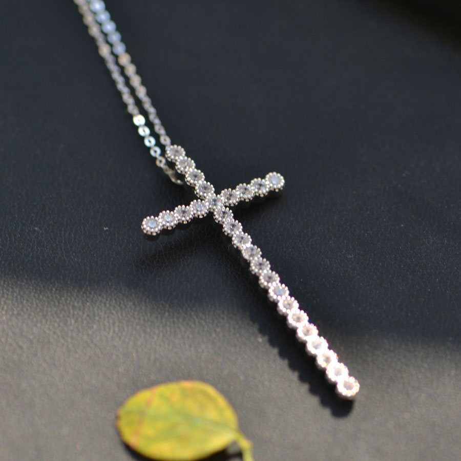 纤细十字架圆形爪镶锆石满钻水晶长款项链 时尚气质毛衣链饰品
