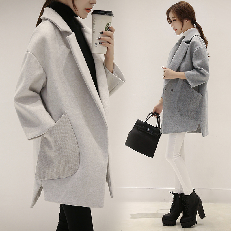 秋冬季新款韩版宽松羊绒毛呢大衣女长袖纯色中长款气质呢子外套潮