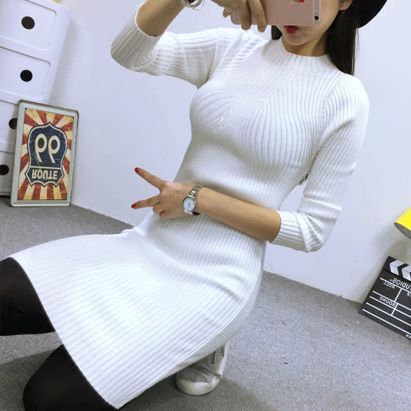2015新款韩版加厚修身长款白色毛衣女套头学生中长款打底衫秋冬季