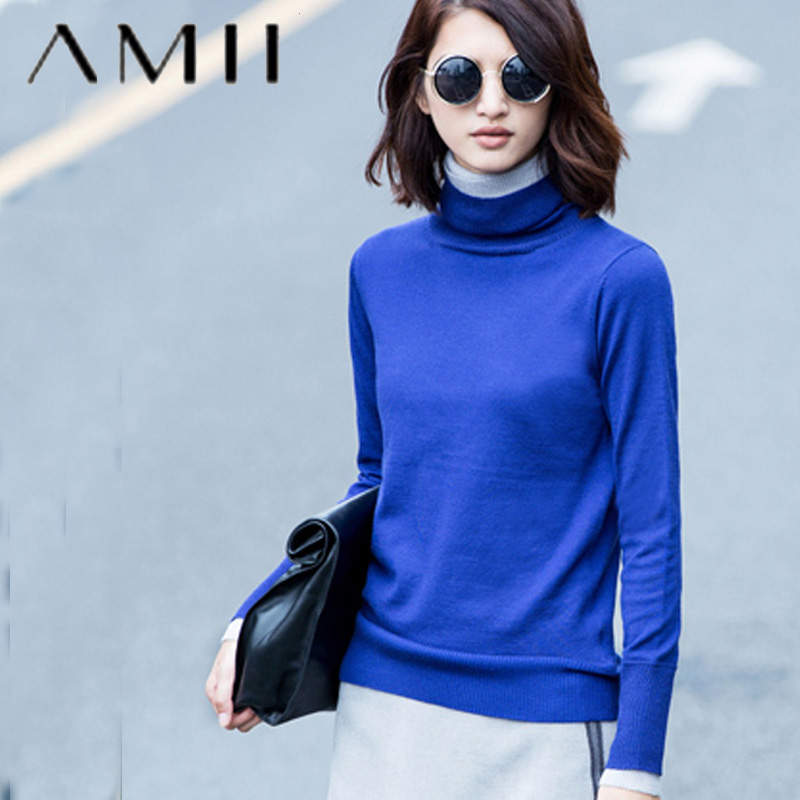 Amii极简2015冬季新品修身显瘦高领保暖堆堆领撞色套头打底毛衣女