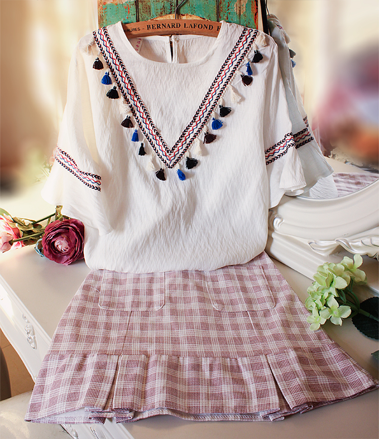 韩版套装夏清新学院风宽松白色衬衫+修身显瘦格子印花短裙两件套折扣优惠信息