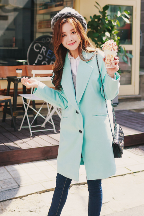 2015秋冬新款韩版女欧美西装领单排扣中长直筒毛呢外套长袖呢大衣