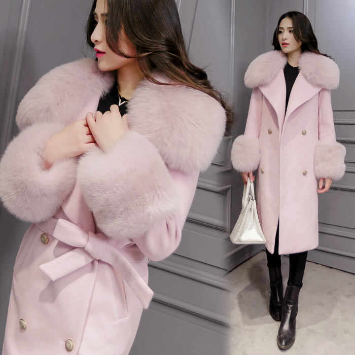 2015新款韩版女装冬装长款粉色收腰毛呢外套女毛领修身羊毛呢大衣