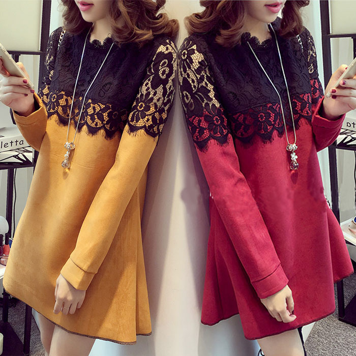 2015冬季新款韩版女装仿鹿皮绒长袖A字裙打底裙蕾丝拼接连衣裙女