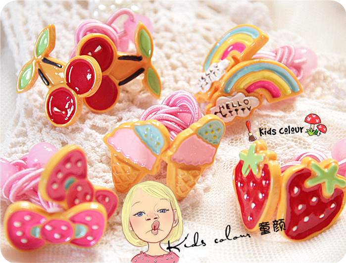 童颜头饰品儿童宝宝树脂樱桃草莓彩虹甜筒饼干圈皮筋发绳