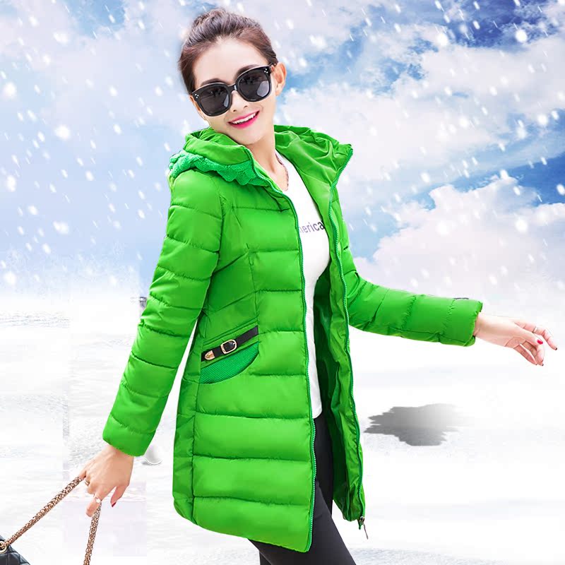 2015韩版新款棉衣女中长款加厚带帽修身外套纯色显瘦大码上衣棉袄