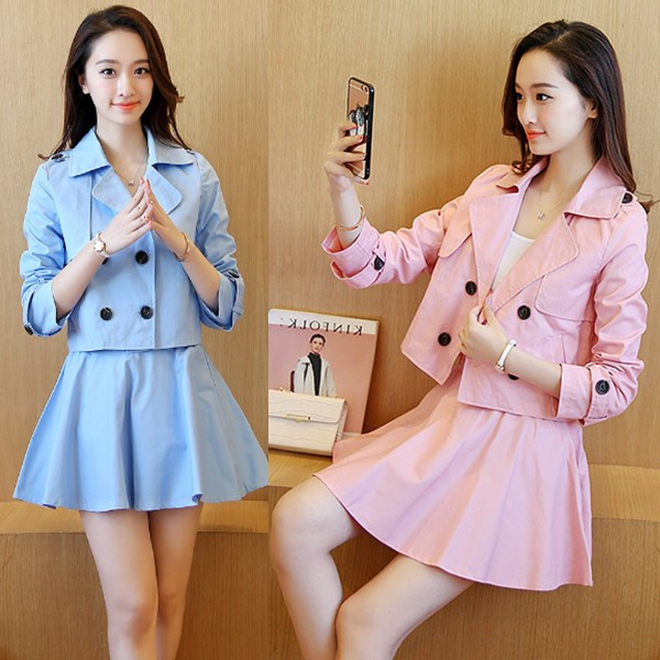 2016秋冬新款韩版双排扣翻领女士风衣外套半身裙女式套装两件套女