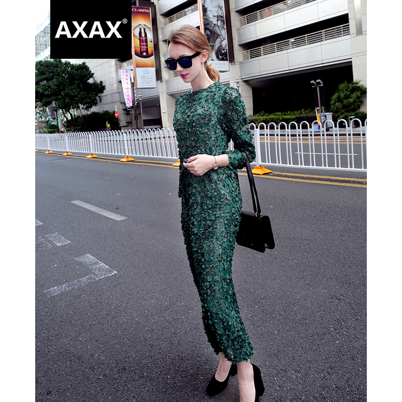 AXAX2015冬装新款女装欧美名媛OL气质宽松显瘦纯色蕾丝连衣裙长裙
