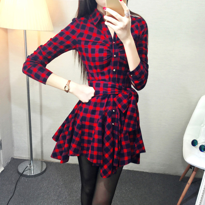秋装新款2016韩版修身显瘦红色格子连衣裙长袖女收腰衬衫裙打底潮