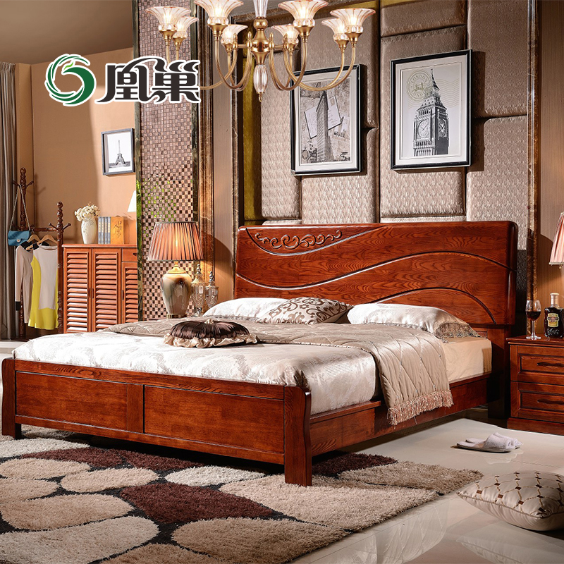 水曲柳实木床1.8米双人床全实木床 简约现代中式白蜡木床高箱床