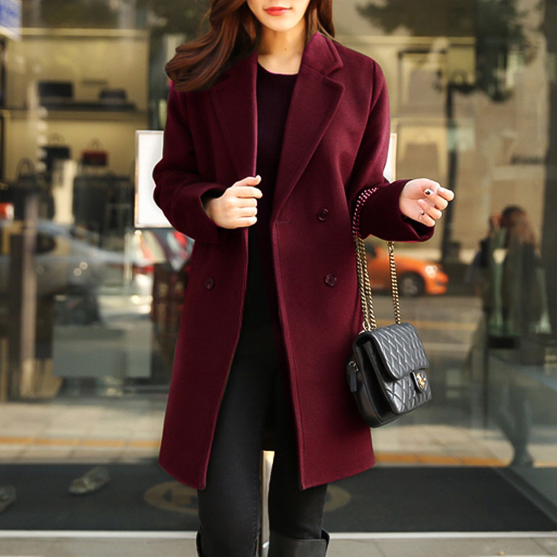 2015秋冬新款韩版中长款毛呢外套女直筒显瘦酒红色羊毛呢子大衣潮