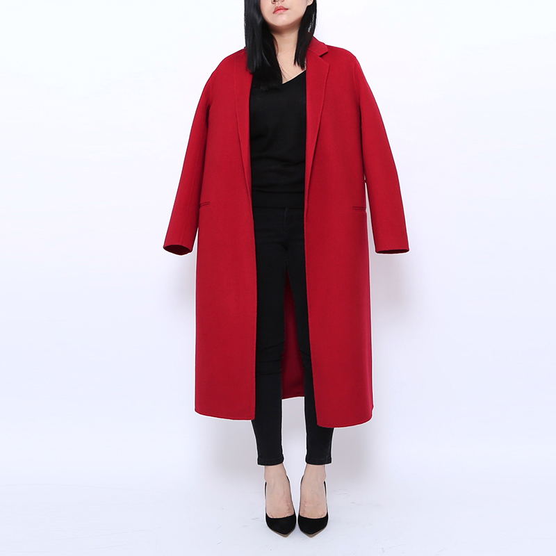 秋冬高端红黑色英伦西装领极简宽松长款纯羊毛呢羊绒大衣外套欧美