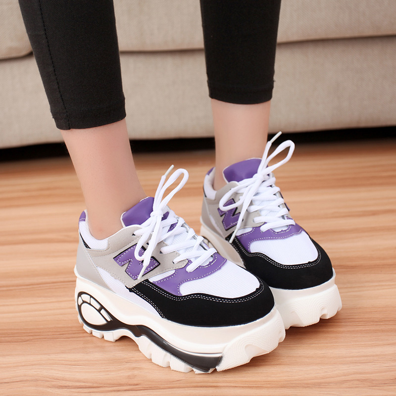 韩版秋季休闲运动鞋透气网布细带女鞋厚底学生松糕鞋女气垫跑步鞋
