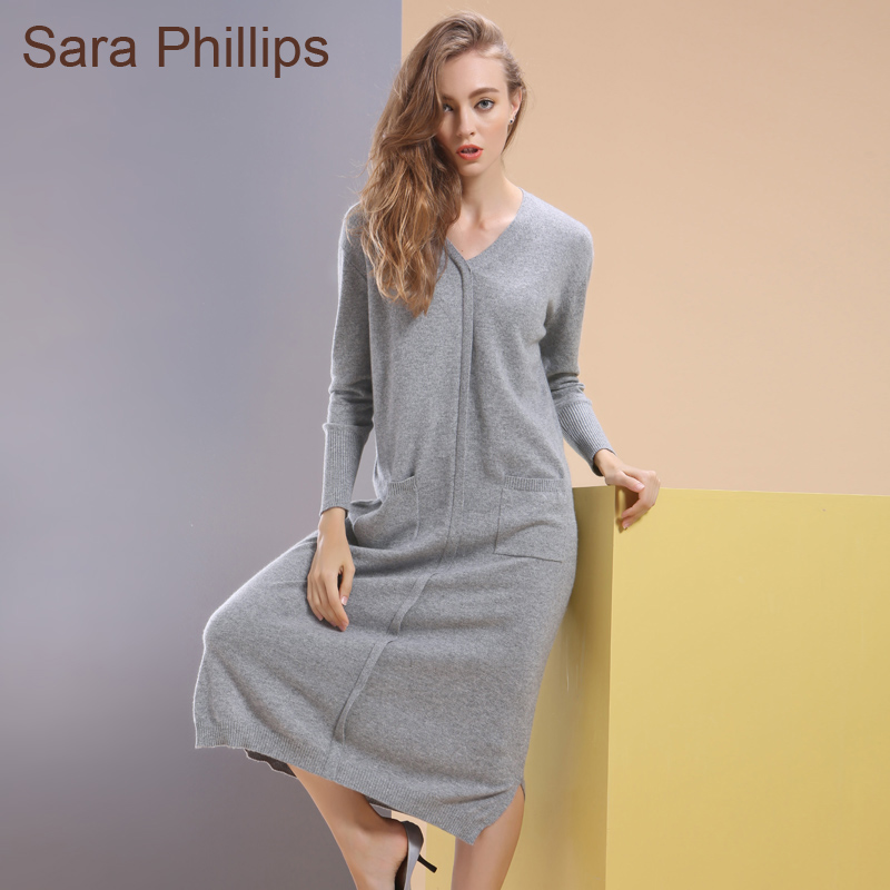 sara phillips澳洲进口山羊绒 女羊绒衫 纯羊绒 v领中长款连衣裙
