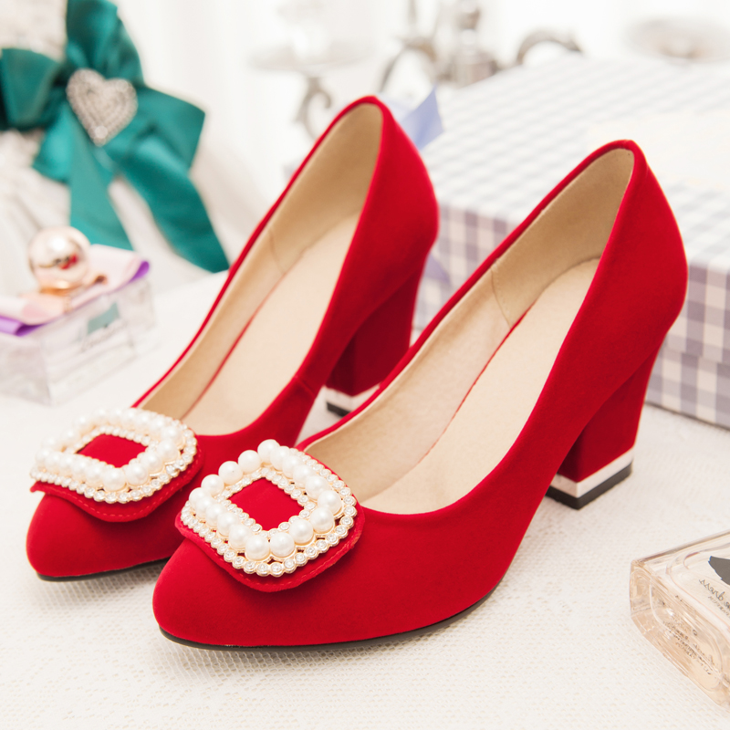 2015夏秋冬粗跟单鞋女式结婚鞋红色中跟新娘鞋珍珠高跟鞋婚礼红色折扣优惠信息