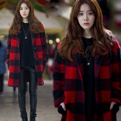 2015秋冬新款 韩版新款女装中长款宽松羊毛大衣 红格子毛呢外套冬