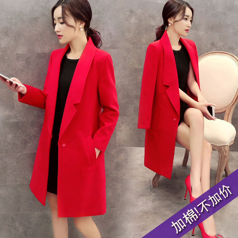冬装新款韩版加厚加棉毛呢外套女范中长款修身红色双面呢子大衣潮
