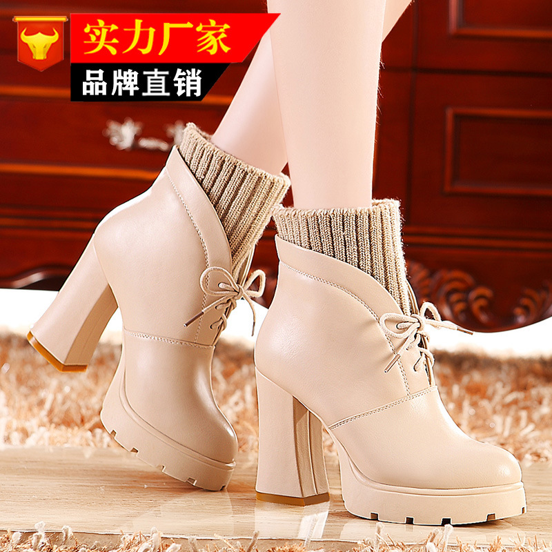 日韩 欧美衣冬季女靴莫蕾蔻蕾品牌直销圆头粗跟毛线舒适英伦靴子