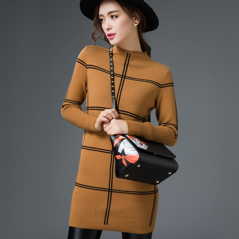 2016秋冬女装韩版条纹针织衫女套头中长款包臀格子毛衣加厚打底衫