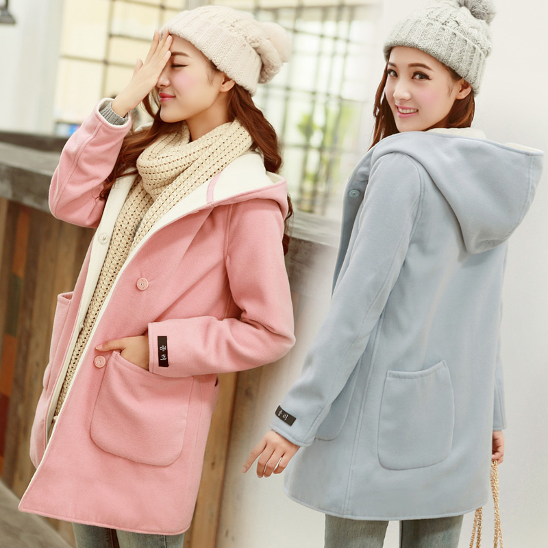 韩国秋冬新品学生羊毛呢修身加厚外套连帽甜美中长款呢子大衣女子