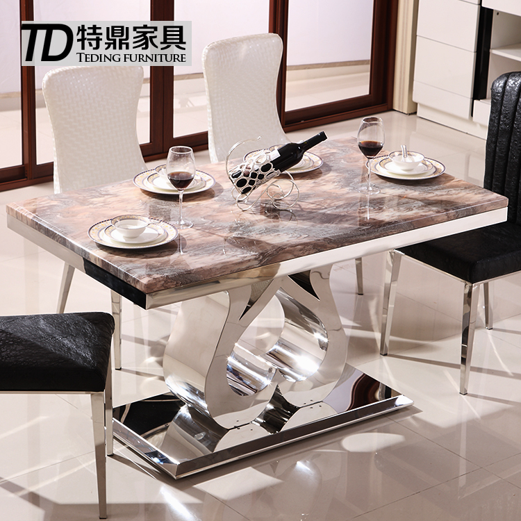 现代简约 1.345米不锈钢大理石餐桌椅组合方形五金饭桌小户型宜家