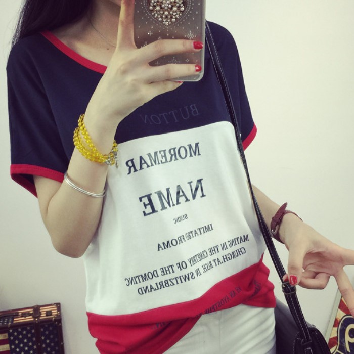 2016短袖女T恤韩版夏装女装新品拼色印花蝙蝠袖学生打底衫上衣 潮
