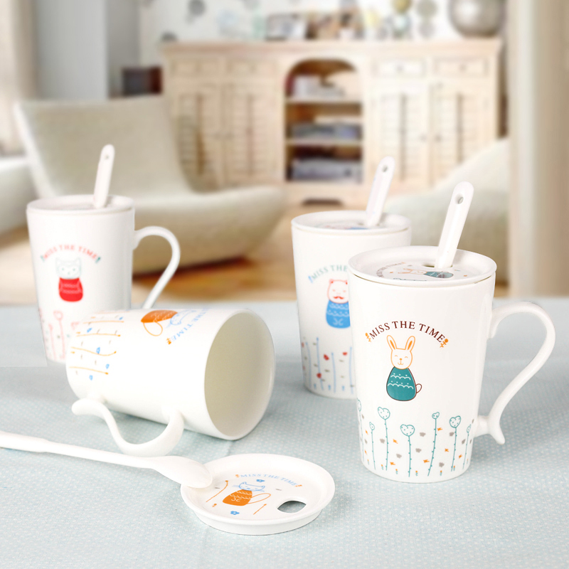 澳斯德创意可爱卡通陶瓷杯子牛奶咖啡杯水杯马克杯带盖勺骨瓷杯子