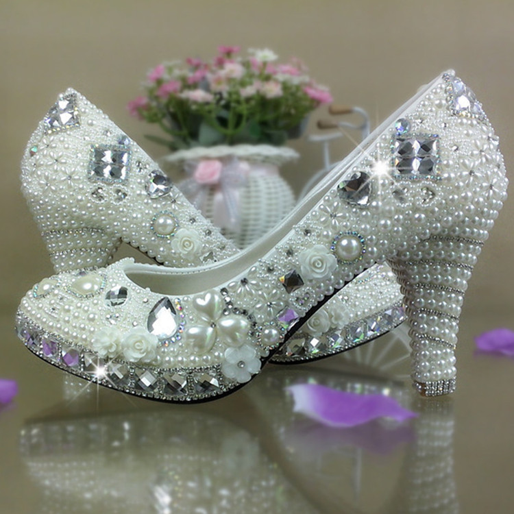 唯美珍珠水晶花朵婚鞋高跟防水台拍婚纱照定制镶钻浅口演出夜店鞋
