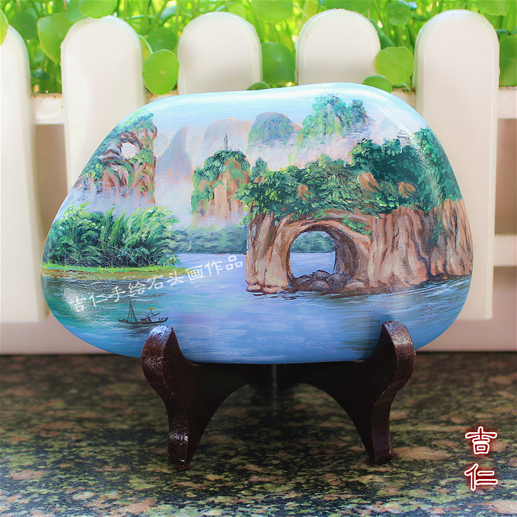 石头画diy 桂林山水手绘风景植物专业定制礼物彩绘鹅卵石创意摆件
